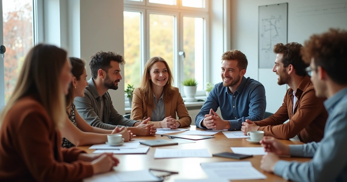 Small group in discussion sitting around table 