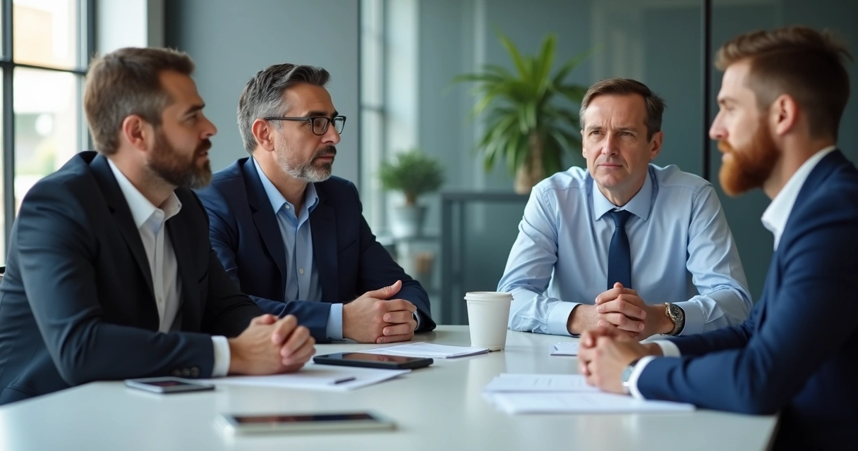 Four people in a meeting, one looking distracted while others pay attention 