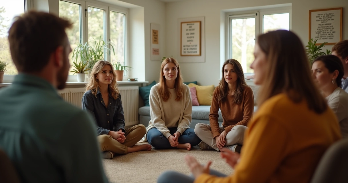 People in a circle having a supportive conversation