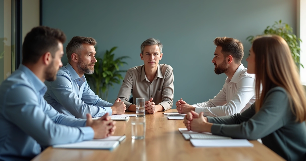 People in a meeting with one person hesitating before speaking 