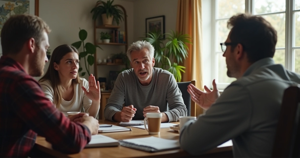 Small group in a tense conversation at a living room table 