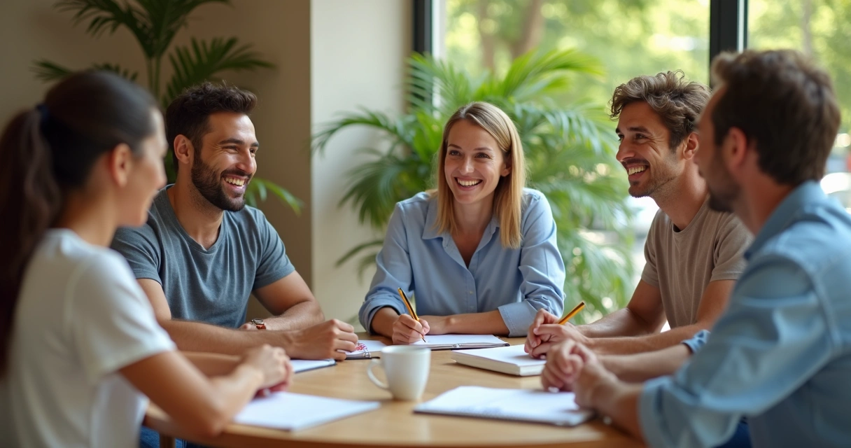 Diverse group talking around table in trustful conversation