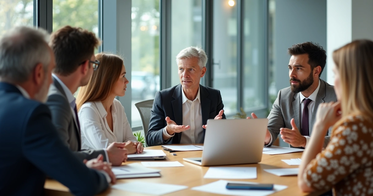 Team discussing around a table, one person is dominating the conversation, others look hesitant. 
