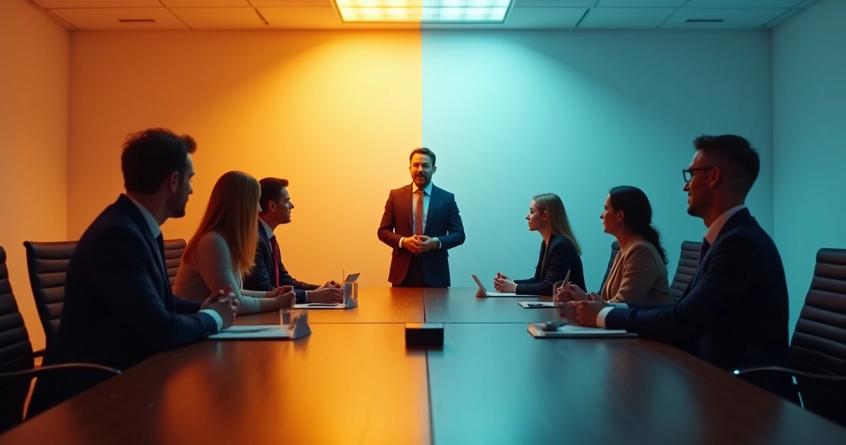 People forming two groups standing apart around a meeting table 