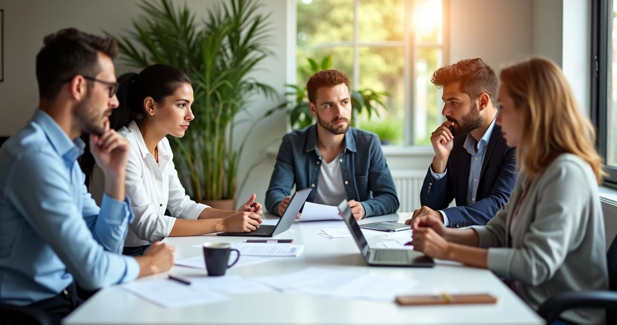 Team at a table thinking together 
