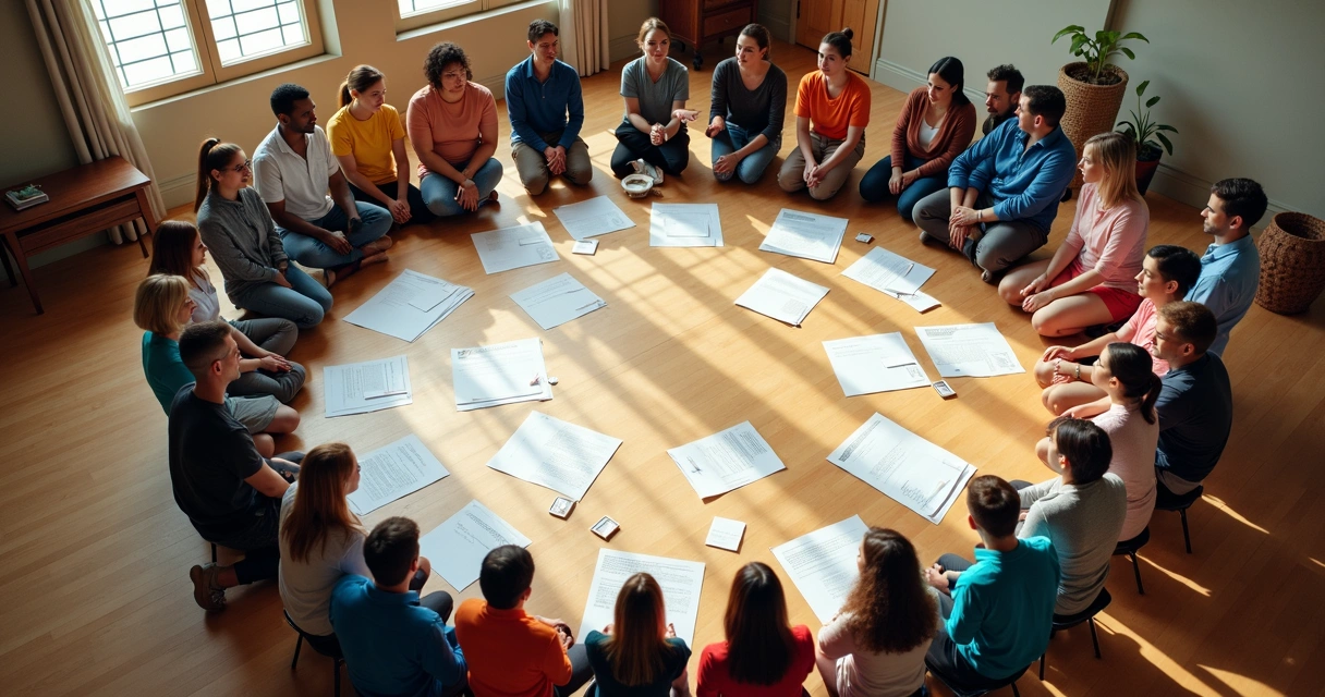 People in a circle, with markers on the floor, showing group connections 