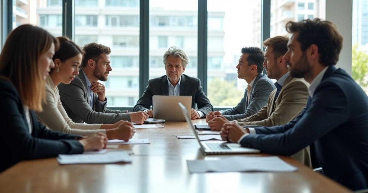 Diverse group in discussion, showing hesitant expressions 