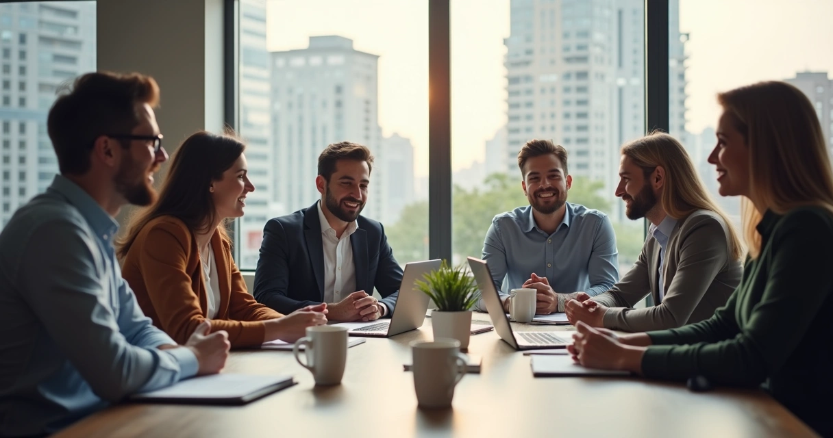 Diverse group gathered around a table in a meeting, exchanging views