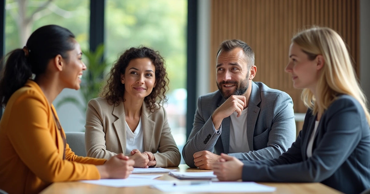 People in a meeting discussing and showing varied emotions