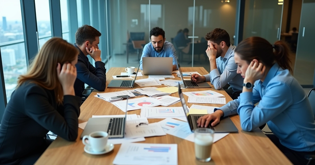 Overhead view of tired team in meeting around cluttered table 