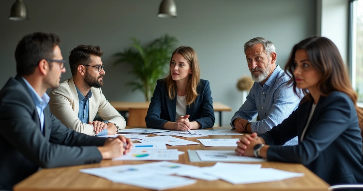 Diverse group discussing around a table, papers and charts visible 