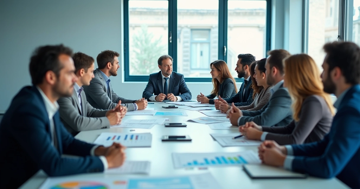 Team gathered around a conference table making a group decision 