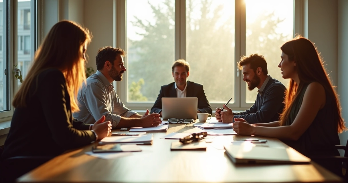 Team discussing around a table in a meeting room with sunlight 