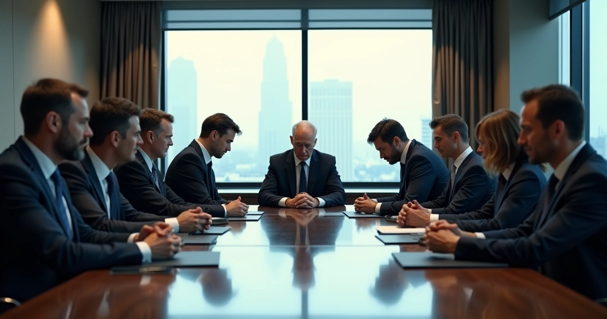 Executives in formal dress at a long table, some looking down, tense body language 