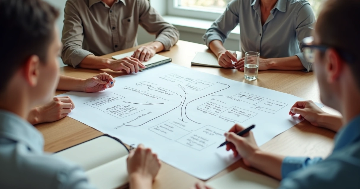 People reviewing notes at a table with two paths on a board