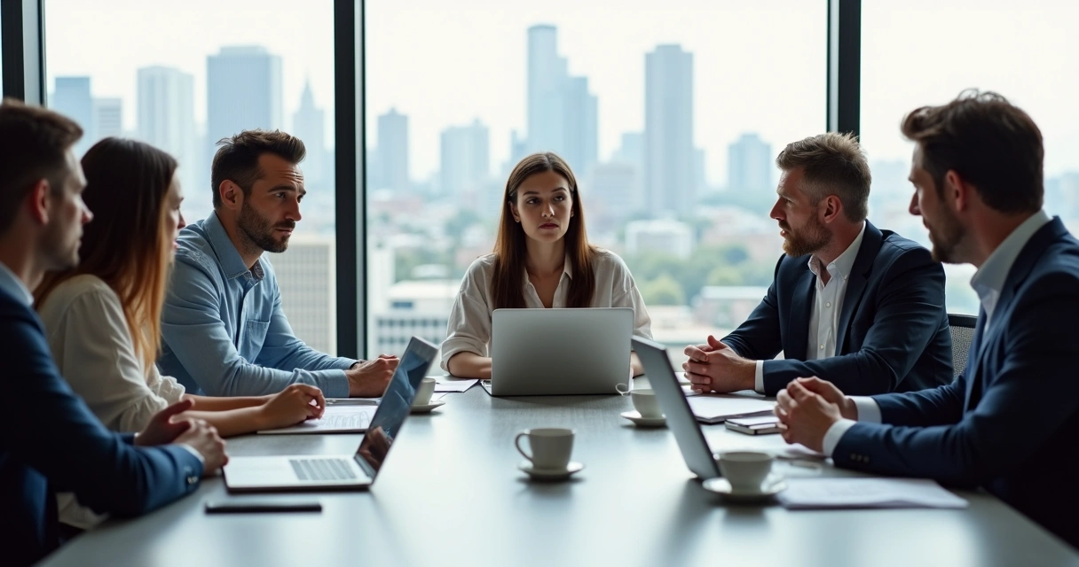 Diverse people sitting around a table in discussion, papers and laptops in front of them. 