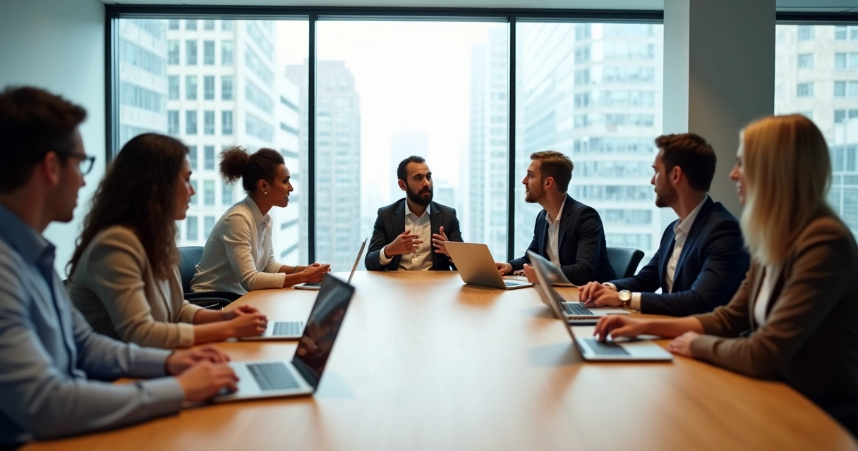 Diverse team around a conference table with one person subtly excluded from the discussion 
