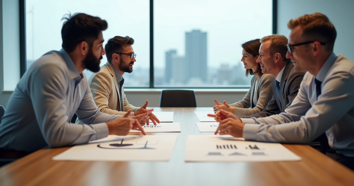 Diverse team around a table deciding between different value options 