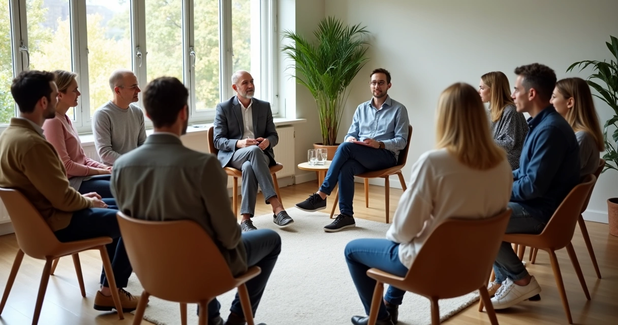 People seated in a circle during a guided group dialogue