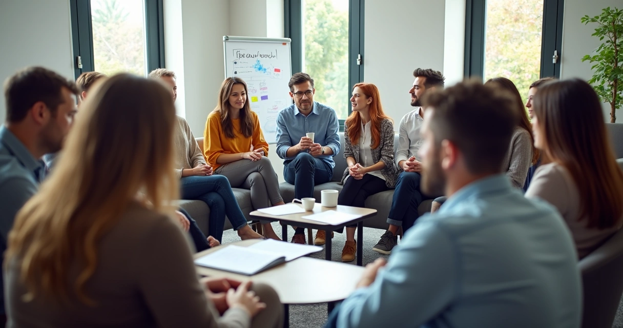 Diverse group sitting in a circle having an open dialogue