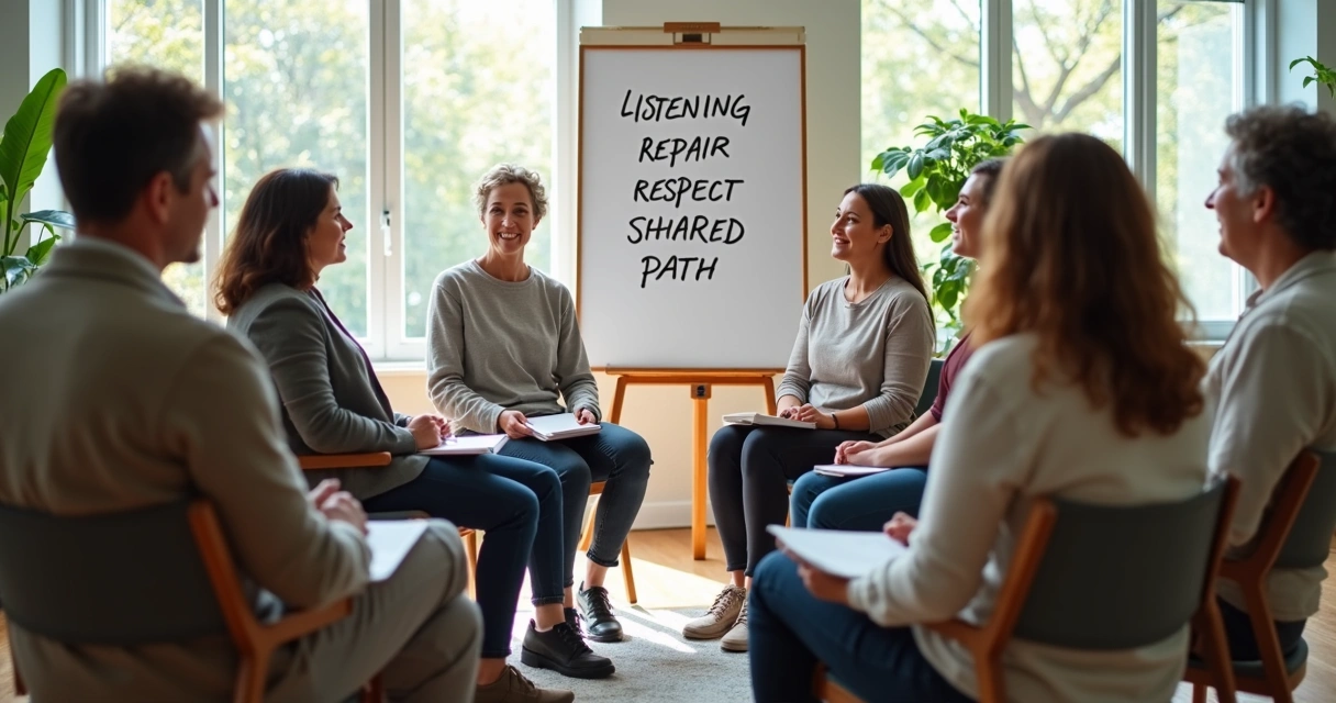 Circle discussion with notes about repair and listening 