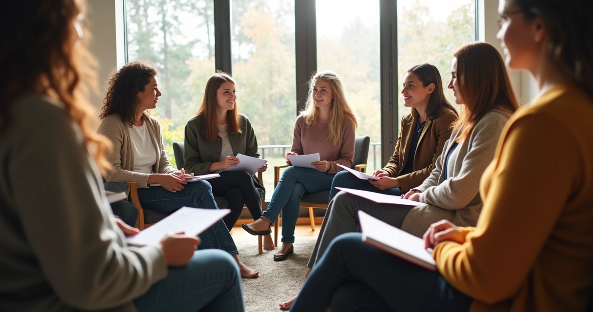 Diverse group sitting in a circle having a thoughtful discussion