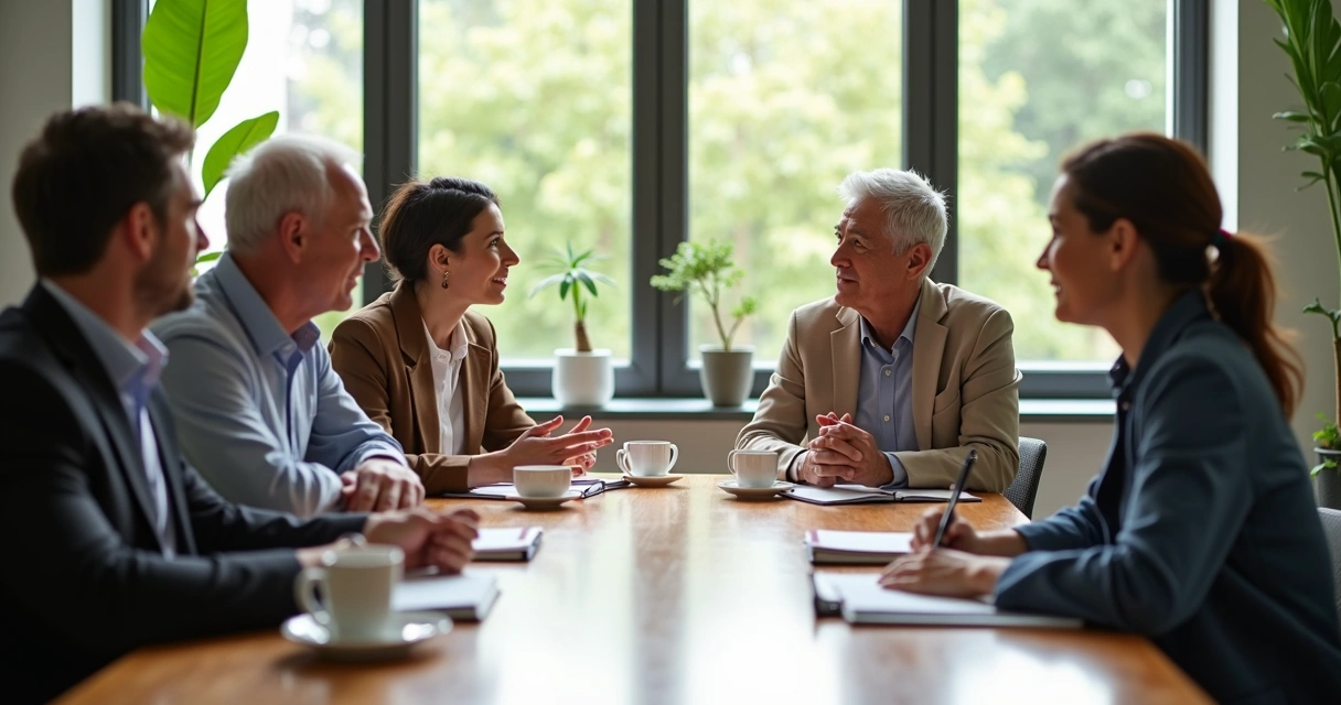 Group of people in open discussion around table, engaging with body language 
