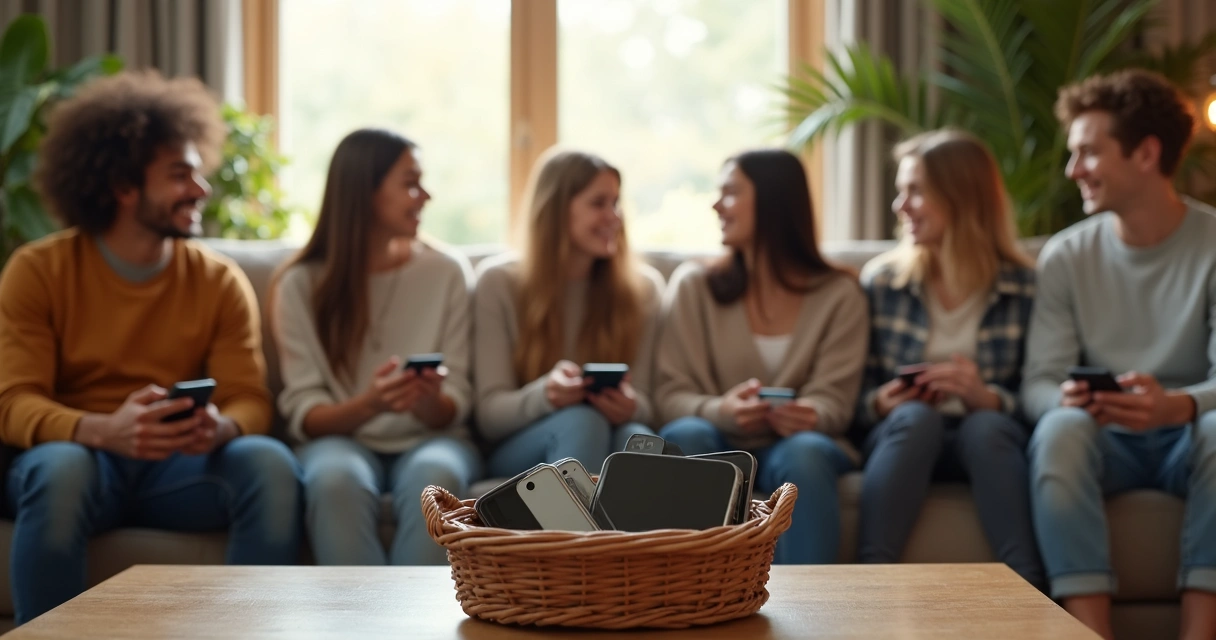 Group of people sitting device-free in a cozy room