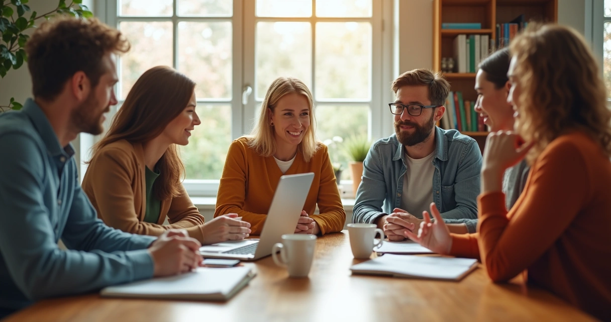 Small group of adults engaged in discussion at a table 