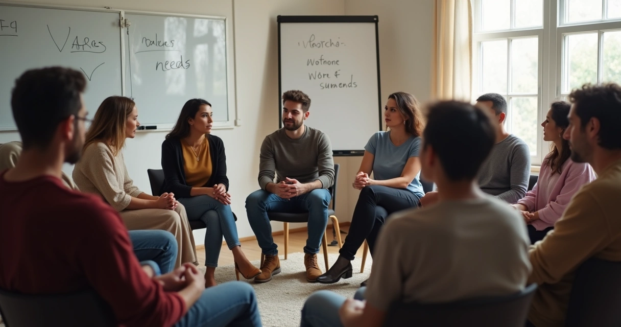 People sitting in a circle, engaged in a serious group discussion