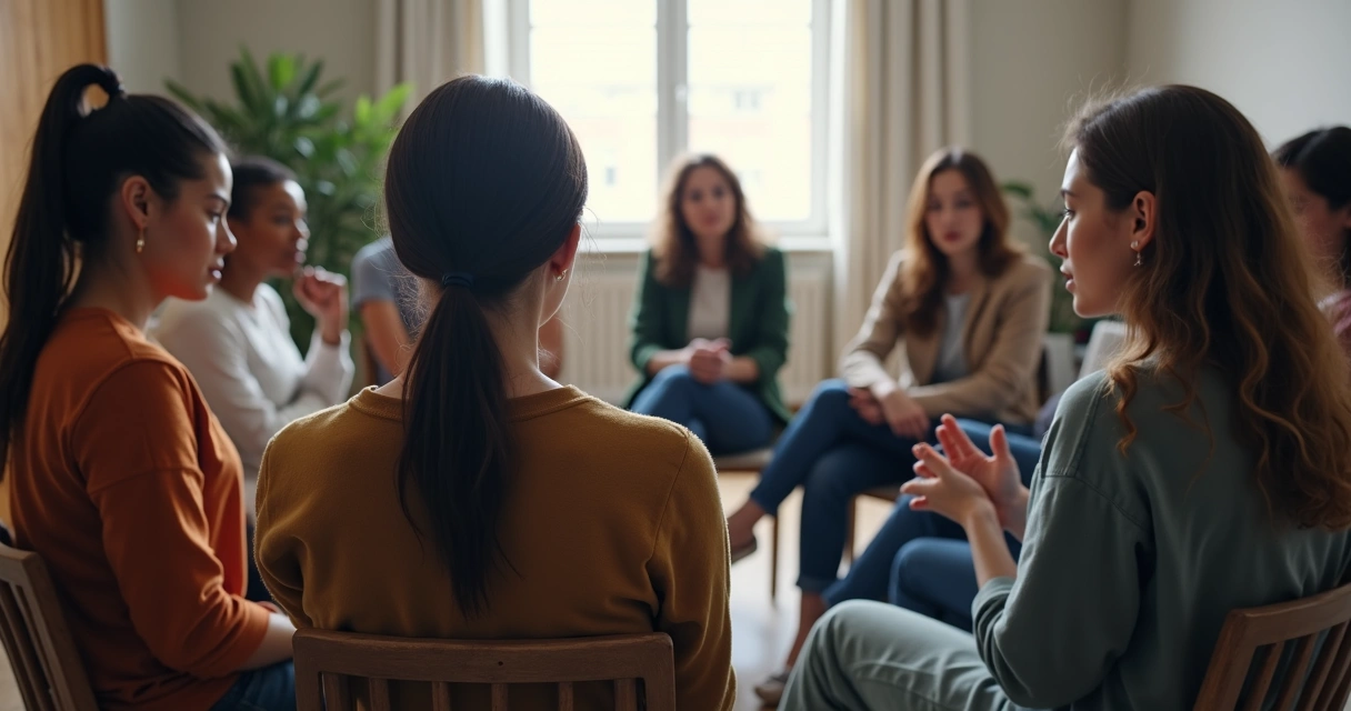 People sitting in a circle having a discussion, some showing open body language, others appearing withdrawn. 