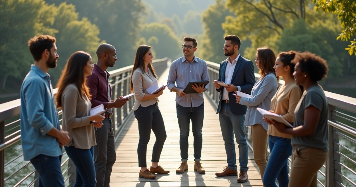 Diverse group having a discussion on a bridge in natural light 