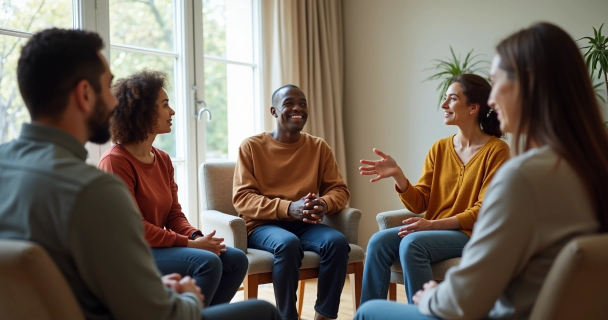 Group of people in a calm discussion sitting on chairs 