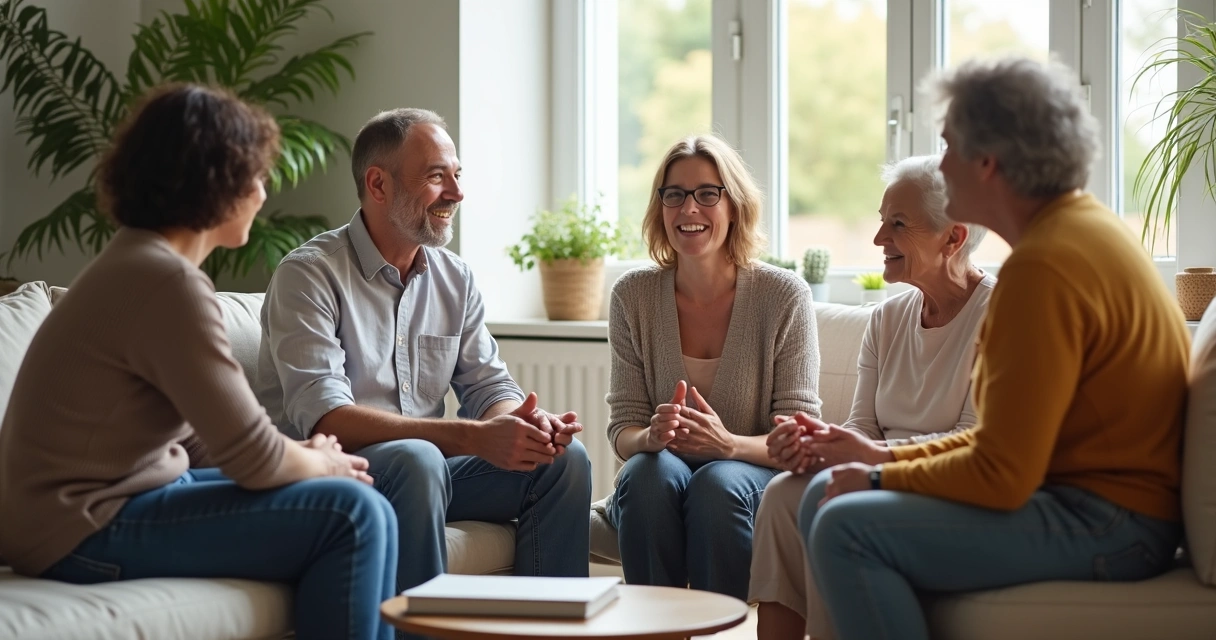 Mixed group of adults sitting in a circle talking in a calm room 