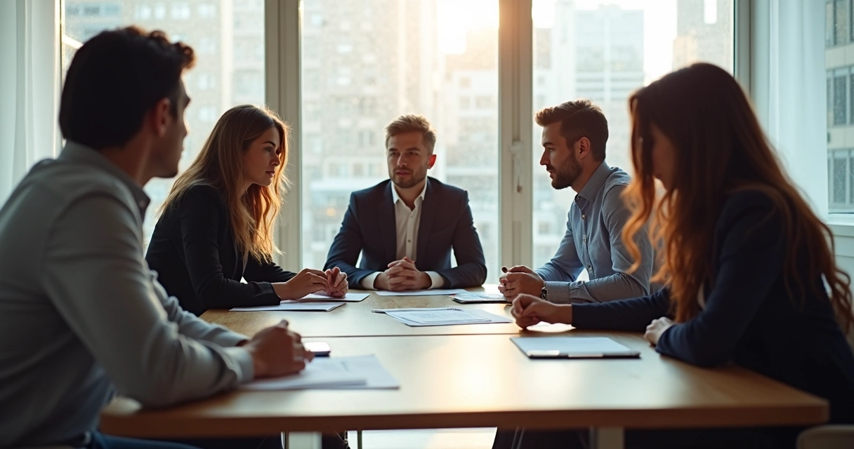 Team members in a meeting forming subtle subgroups as they talk.