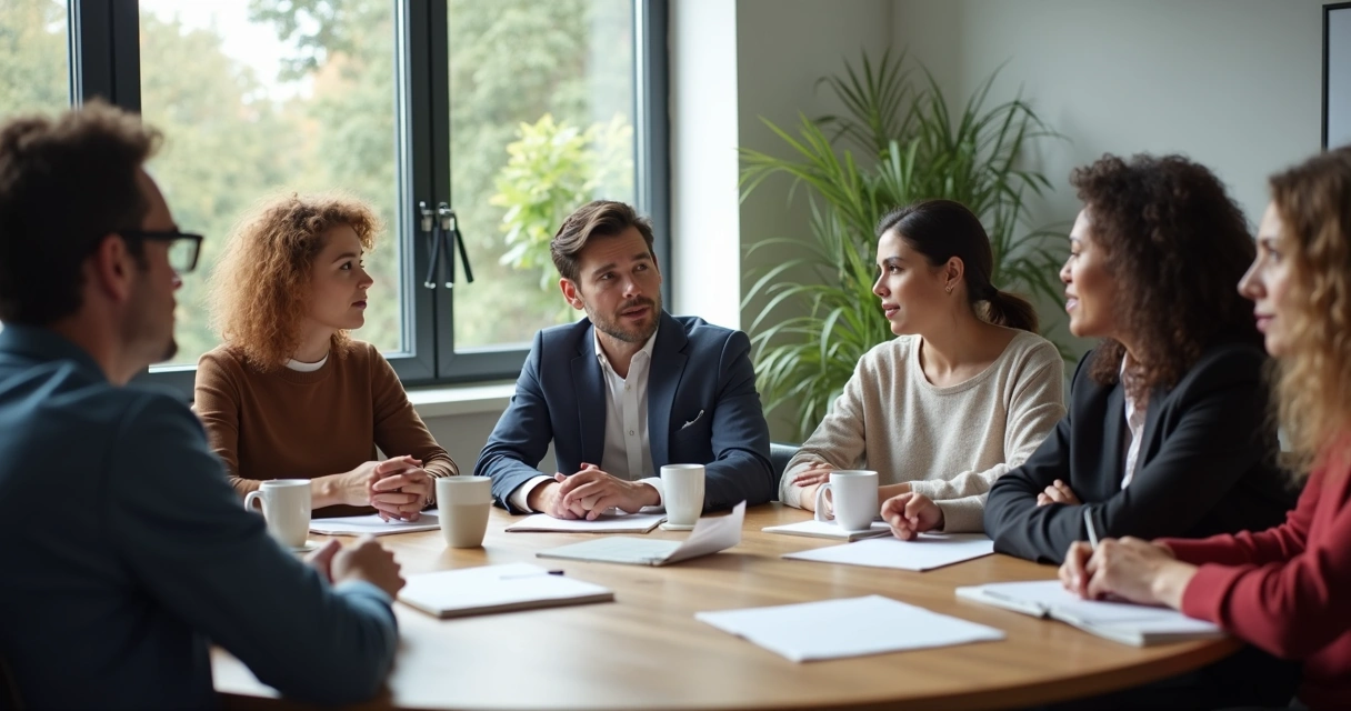 Group discussing decisions around a table with papers and coffee 