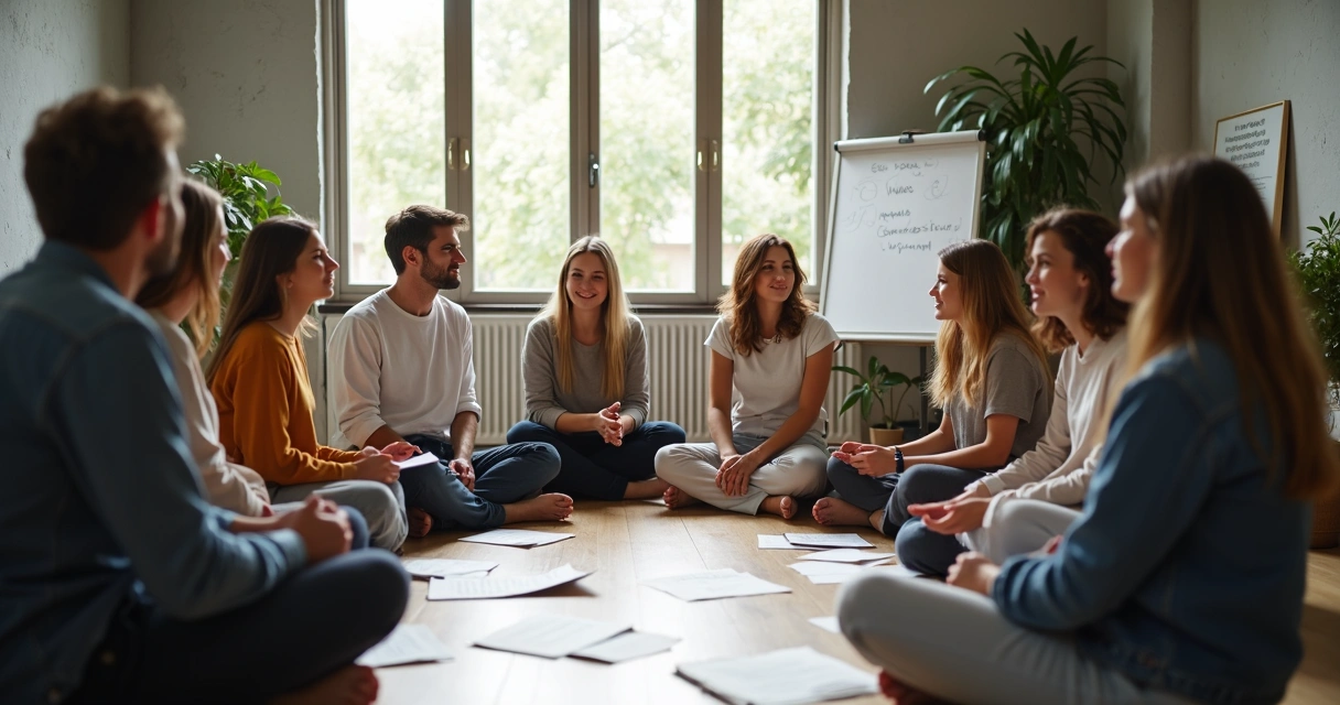Group of people sitting in a circle having a focused discussion 