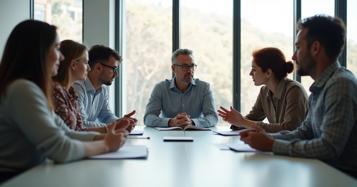 Diverse group in meeting showing contrasting engagement levels