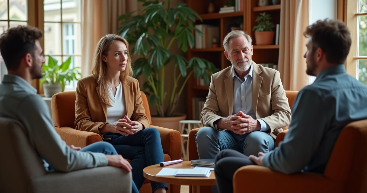 Small group sitting in a circle having a heartfelt discussion