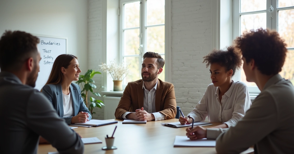 Diverse group having a thoughtful conversation in a sunlit meeting room