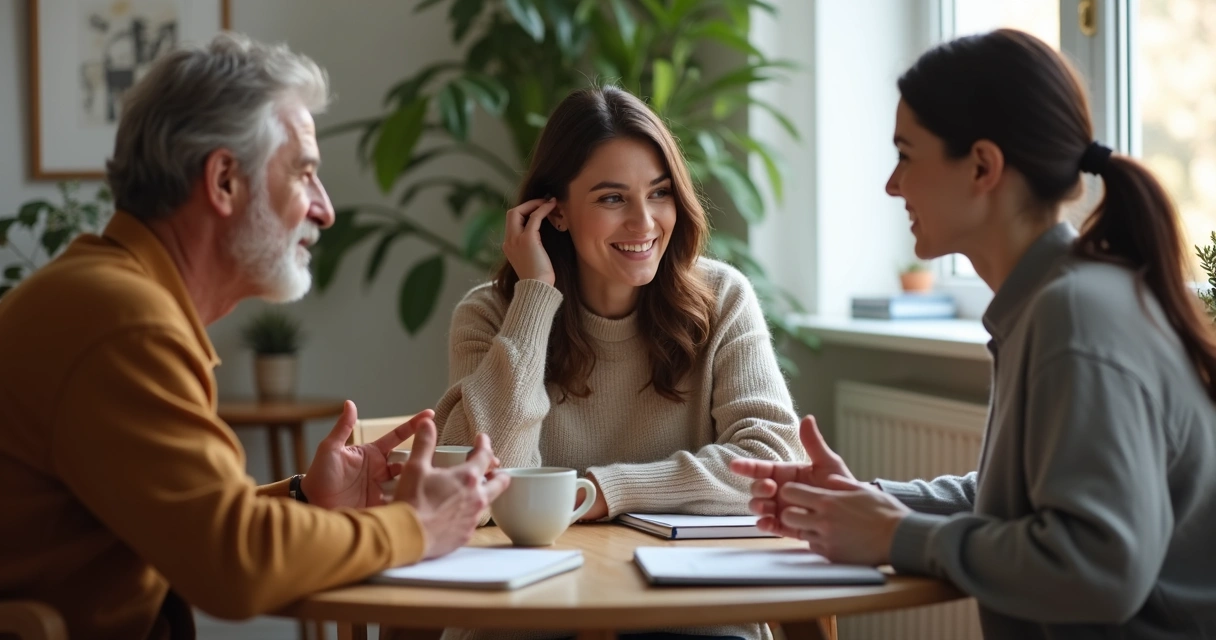 Three people discussing emotions at a table 