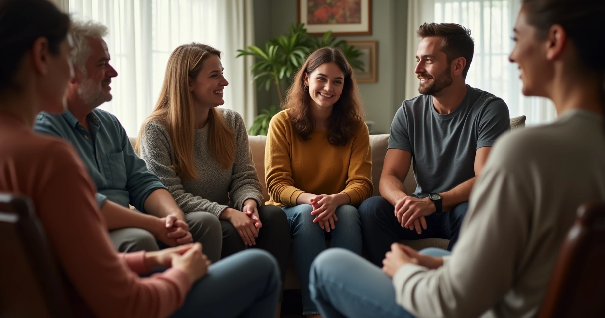 Group in discussion, warm lighting, calm expressions reflecting emotional maturity 