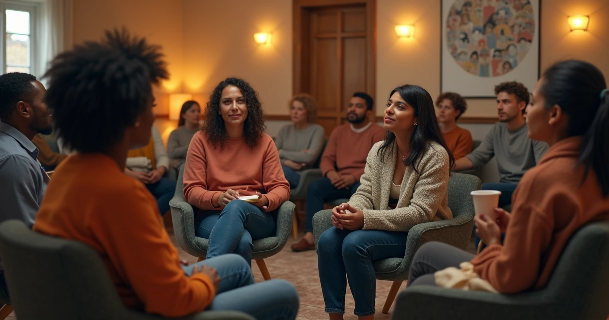 People sitting in a circle, sharing and supporting each other in discussion 