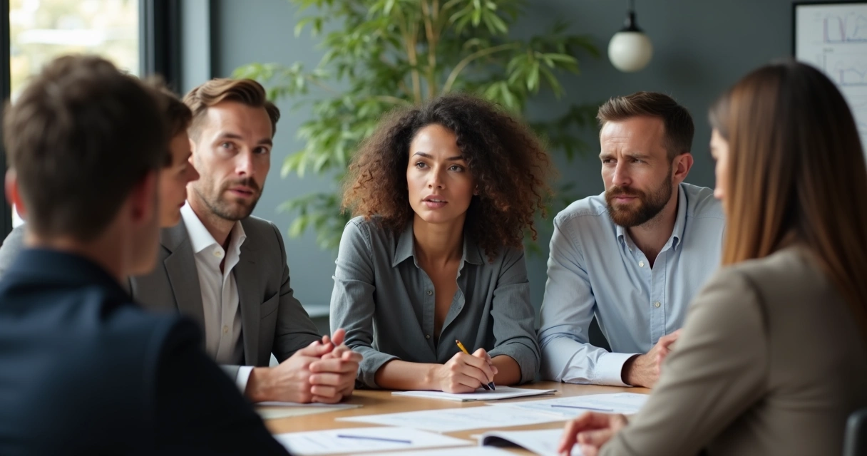 Team sitting at a table, some talking, some looking away, subtle tension visible 