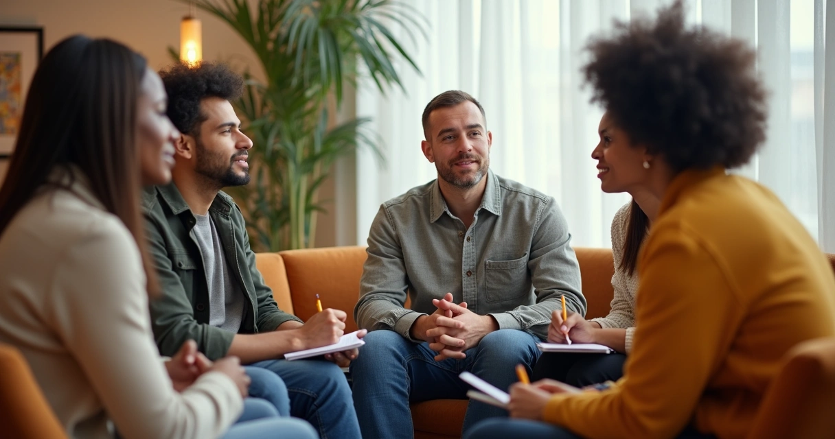 Small group of people in casual conversation giving feedback to each other
