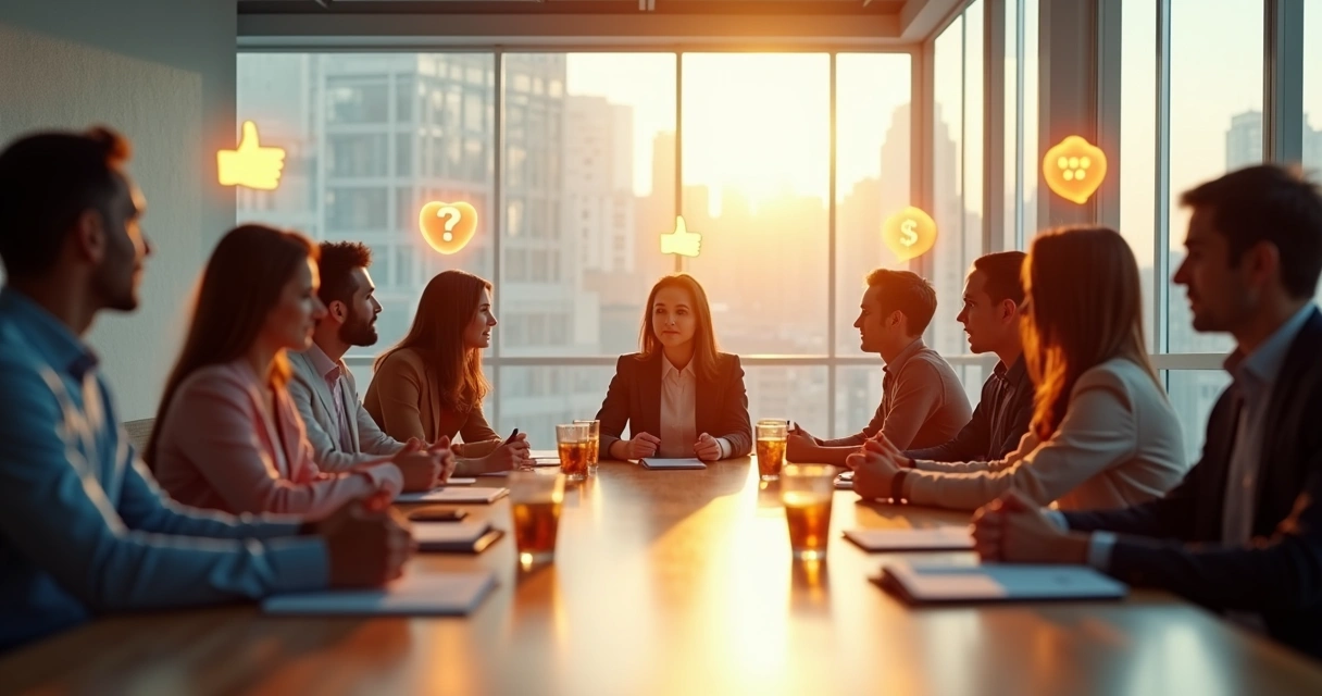 People discussing in a meeting with digital feedback icons 