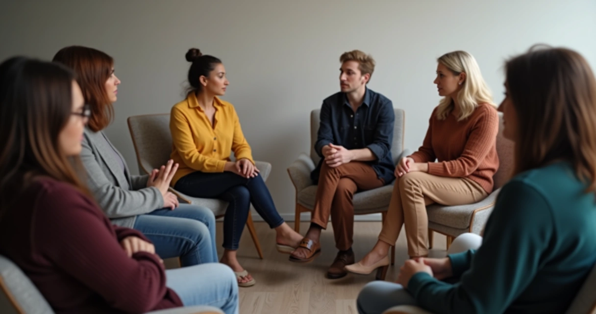 Group of people in a circle, open body language, sharing ideas
