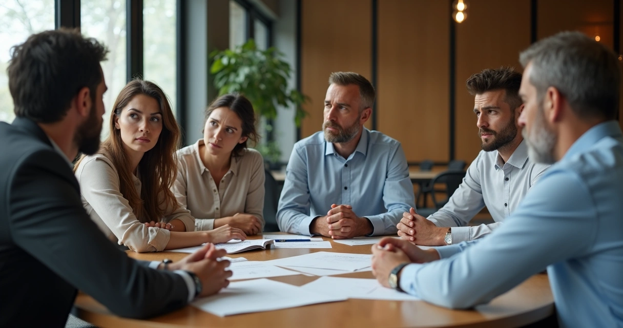 Group of people in a serious discussion, some looking hesitant, others confident, sitting at a round table