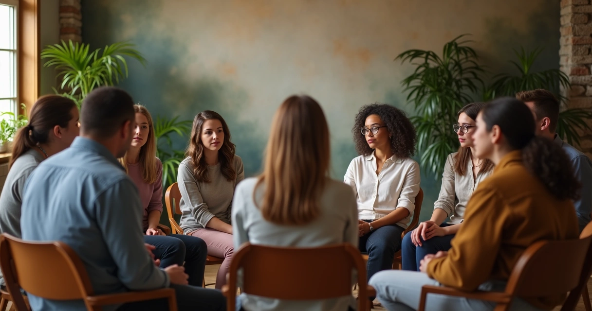 People sitting in a circle having a meaningful group discussion 