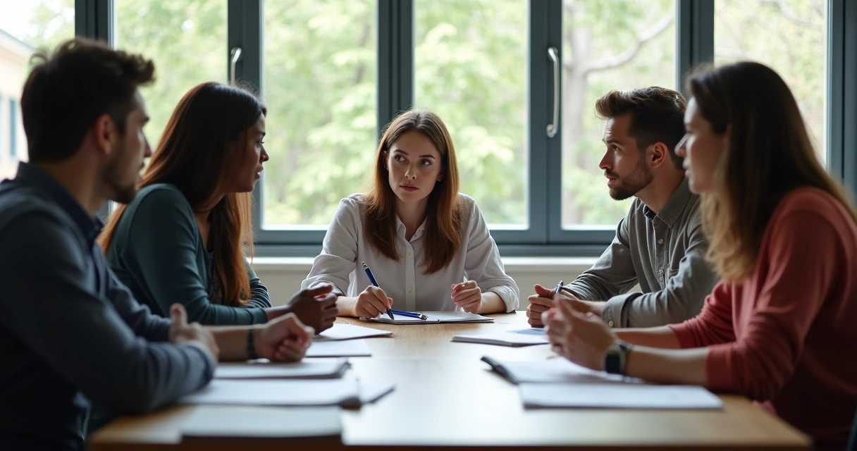 Small group discussing around table with serious expressions 